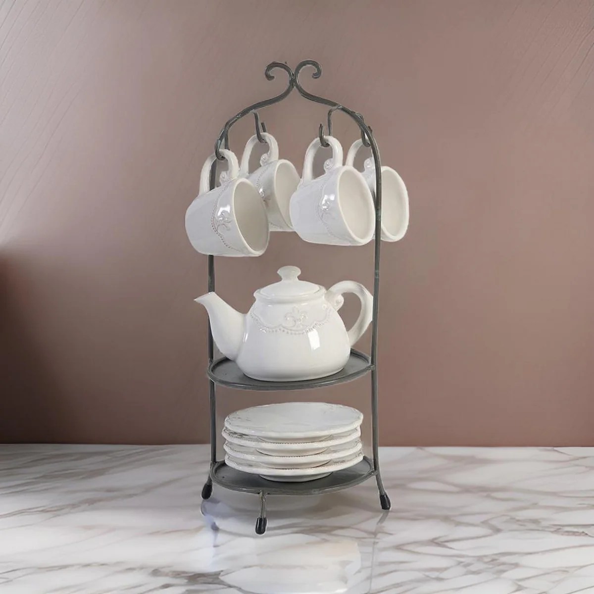 Zoya 10-Piece Porcelain Tea Set with Metal Stand, Fleur-De-Lis Design, White & Gray, Tea Kettle, Cups, Saucers