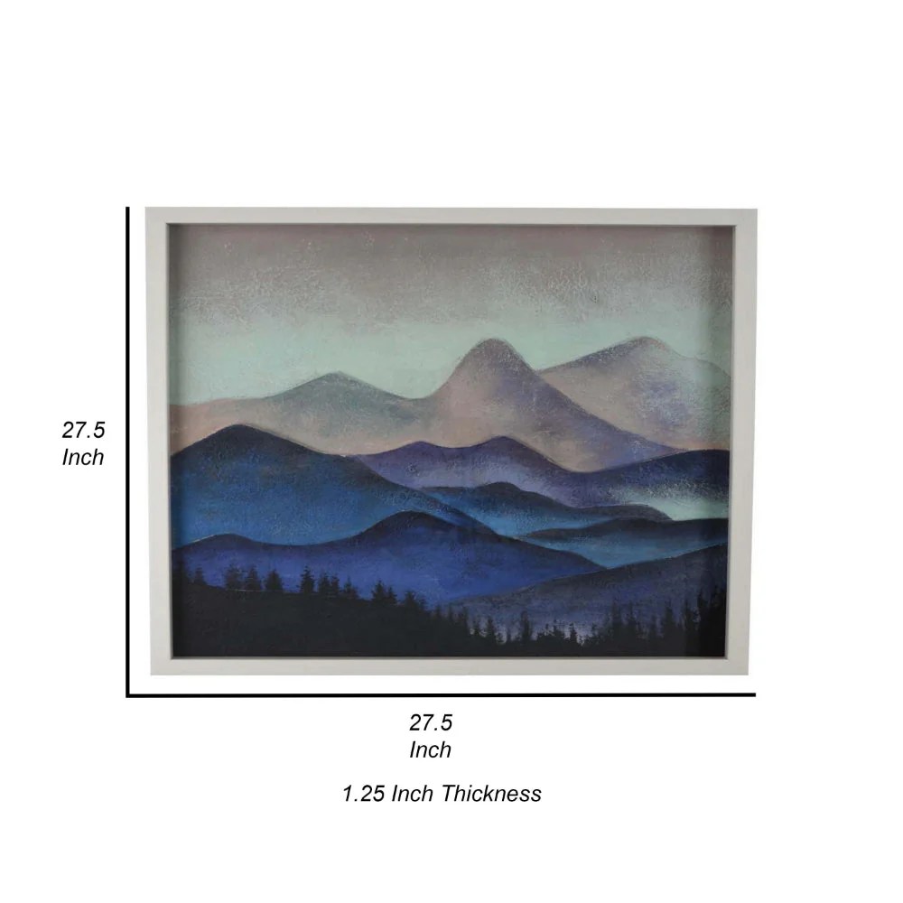 28x28 Framed Mountain Wall Art, Natural Fiber Canvas, Blue Brown Gray, Modern Contemporary Decor