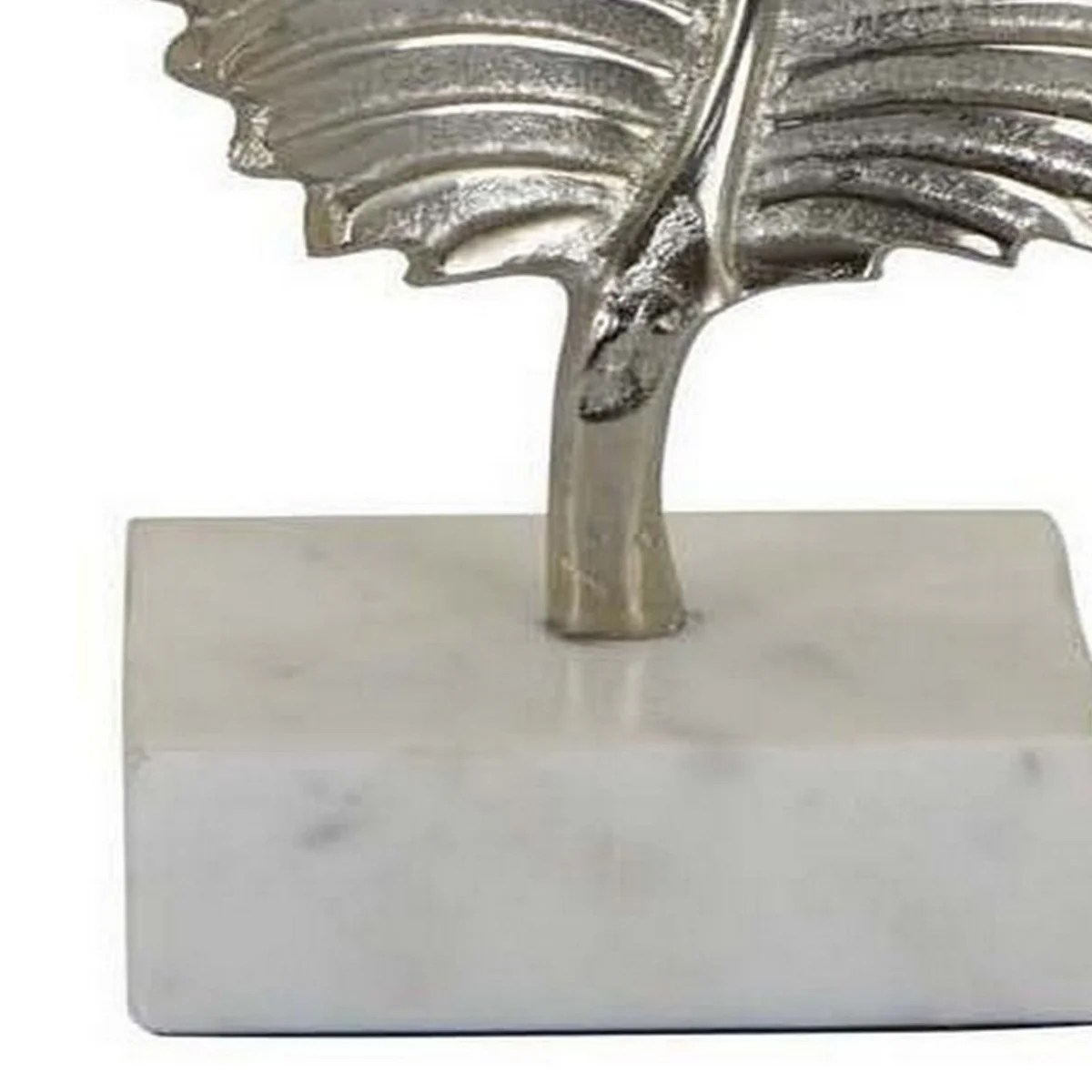 14 Inch Silver Metal Leaf Tabletop Sculpture with White Marble Base - Modern Contemporary Decor