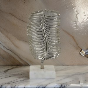 14 Inch Silver Metal Leaf Tabletop Sculpture with White Marble Base - Modern Contemporary Decor
