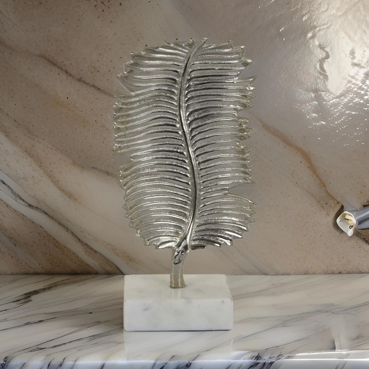 14 Inch Silver Metal Leaf Tabletop Sculpture with White Marble Base - Modern Contemporary Decor