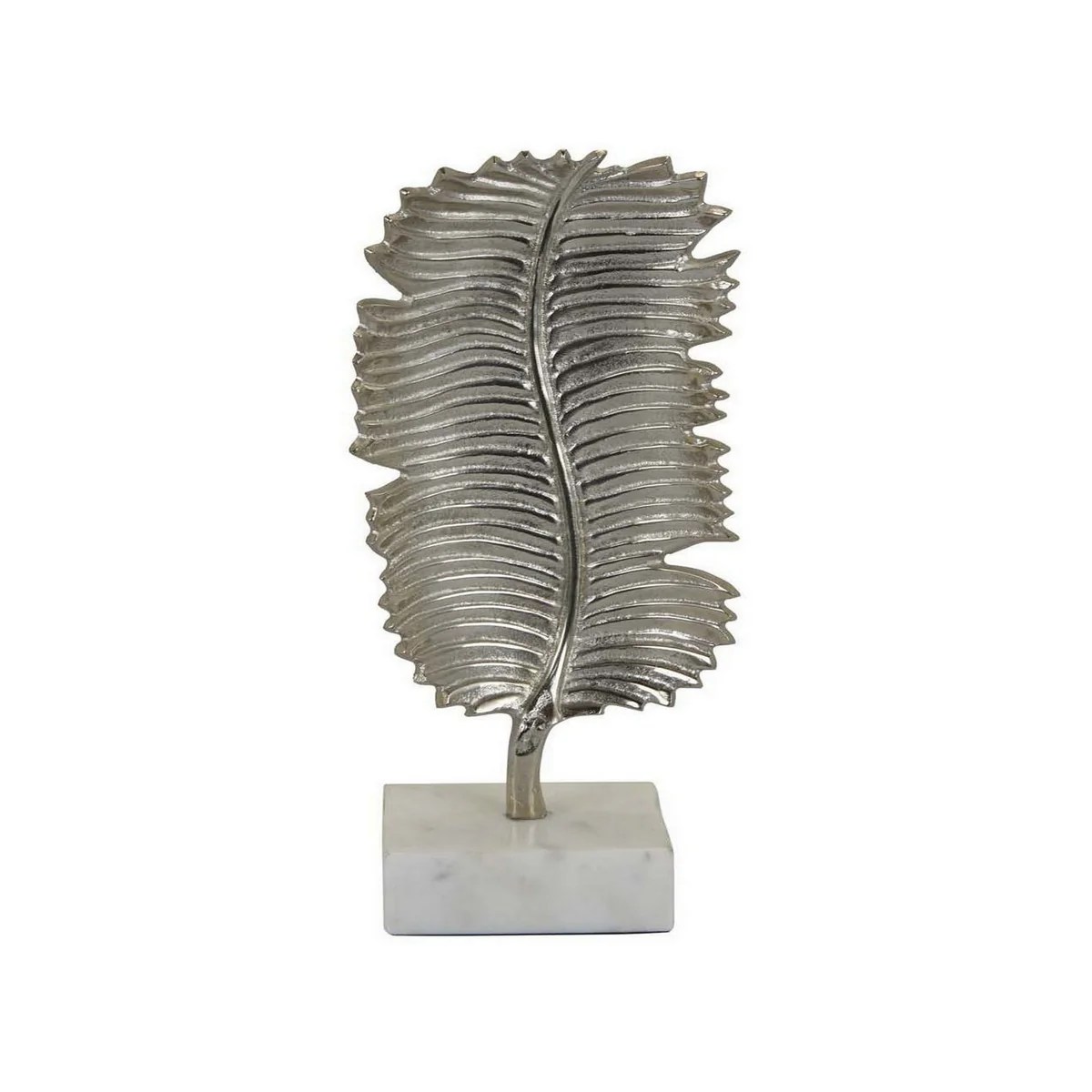 14 Inch Silver Metal Leaf Tabletop Sculpture with White Marble Base - Modern Contemporary Decor