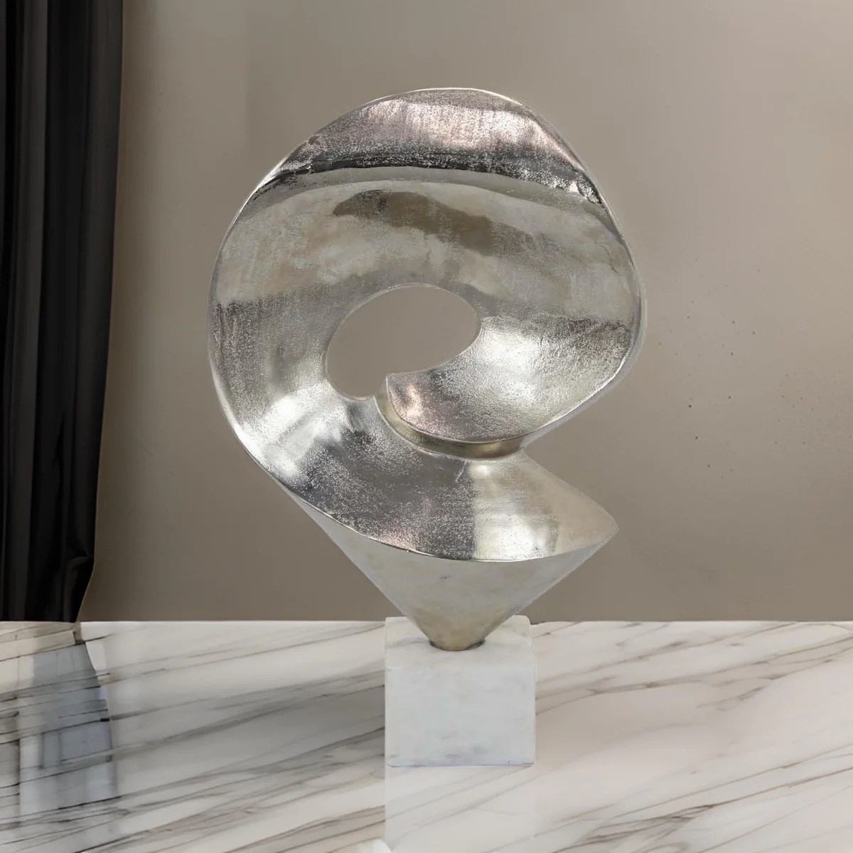 24 Inch Chrome Metal Modern Art Sculpture Tabletop Decor - Silver & White Marble Base