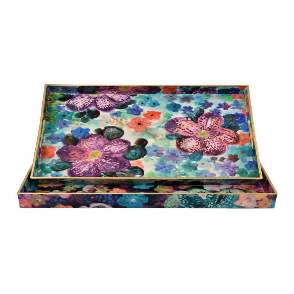 Multicolor Floral Decorative Trays Set of 2 with Cutout Handles - Large & Medium Polyurethane Serving Trays for Coffee Table, Console Table, Home Decor