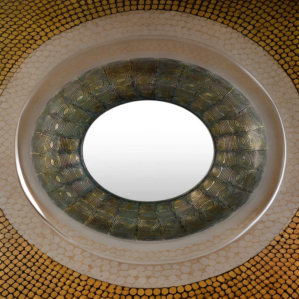 33 Inch Round Bronze Metal Wall Mirror, Embossed Antique Design, Decorative, Modern, Contemporary, Hanging Mirror