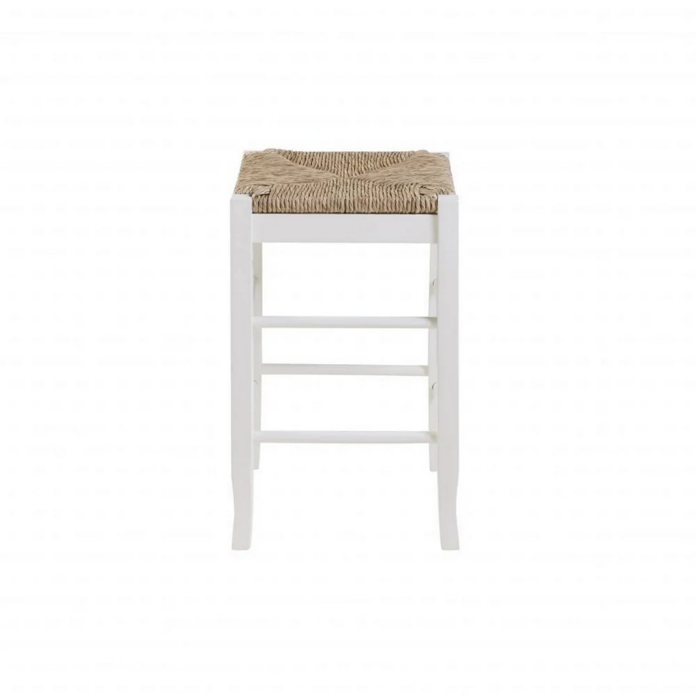 White Wooden Counter Stool, Hand Woven Rush Seat, Square, Transitional Style, Saber Legs, Kitchen Island Seating