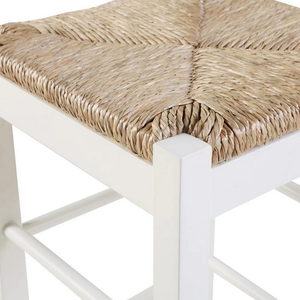 White Wooden Counter Stool, Hand Woven Rush Seat, Square, Transitional Style, Saber Legs, Kitchen Island Seating