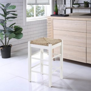 White Wooden Counter Stool, Hand Woven Rush Seat, Square, Transitional Style, Saber Legs, Kitchen Island Seating