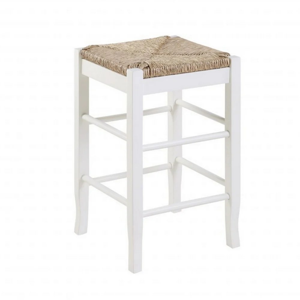 White Wooden Counter Stool, Hand Woven Rush Seat, Square, Transitional Style, Saber Legs, Kitchen Island Seating