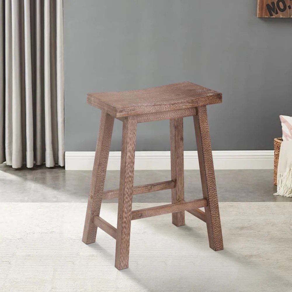 Brown Wooden Saddle Seat Counter Height Stool with Angled Legs & Footrest - Transitional Style Kitchen Dining Chair