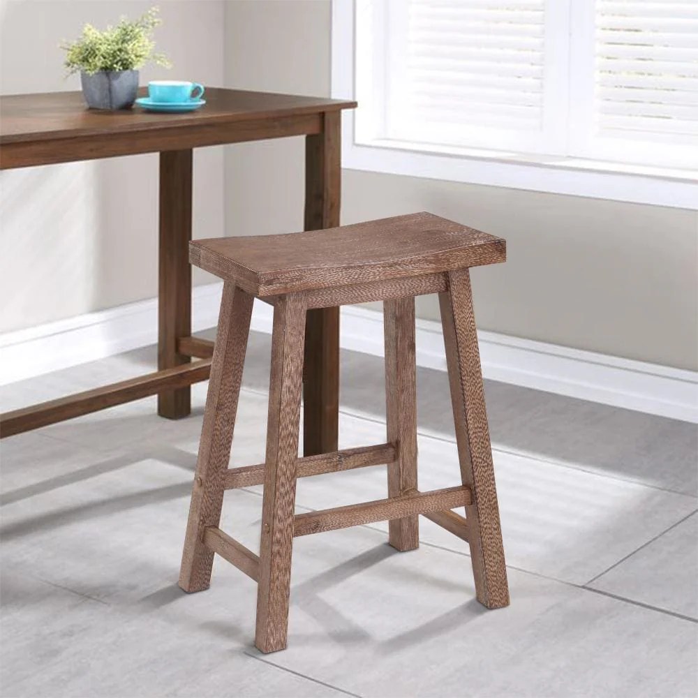 Brown Wooden Saddle Seat Counter Height Stool with Angled Legs & Footrest - Transitional Style Kitchen Dining Chair