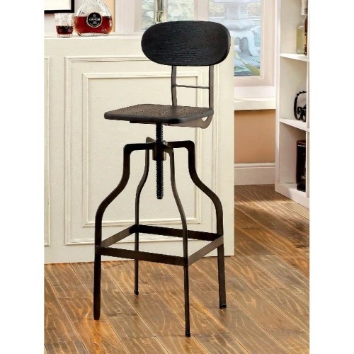 Industrial Style Wooden Swivel Bar Stool With Curved Metal Base, Gray