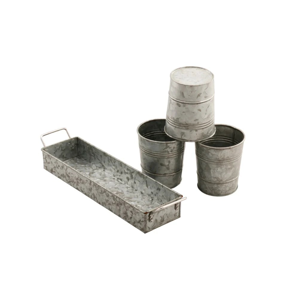 Galvanized Metal Planter Set with Tray - 3 Round Pots, Indoor/Outdoor, Gray, 17" Tray