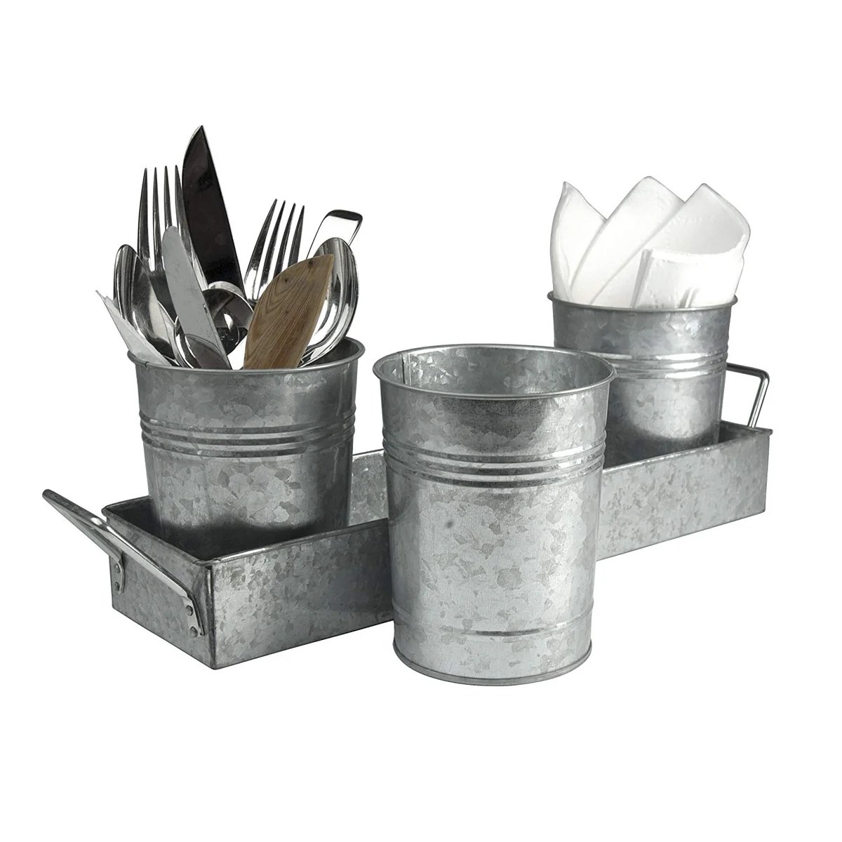 Galvanized Metal Planter Set with Tray - 3 Round Pots, Indoor/Outdoor, Gray, 17" Tray