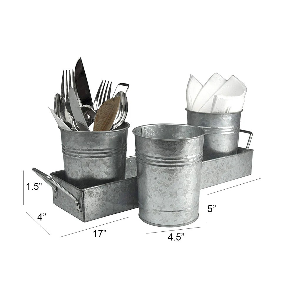 Galvanized Metal Planter Set with Tray - 3 Round Pots, Indoor/Outdoor, Gray, 17" Tray