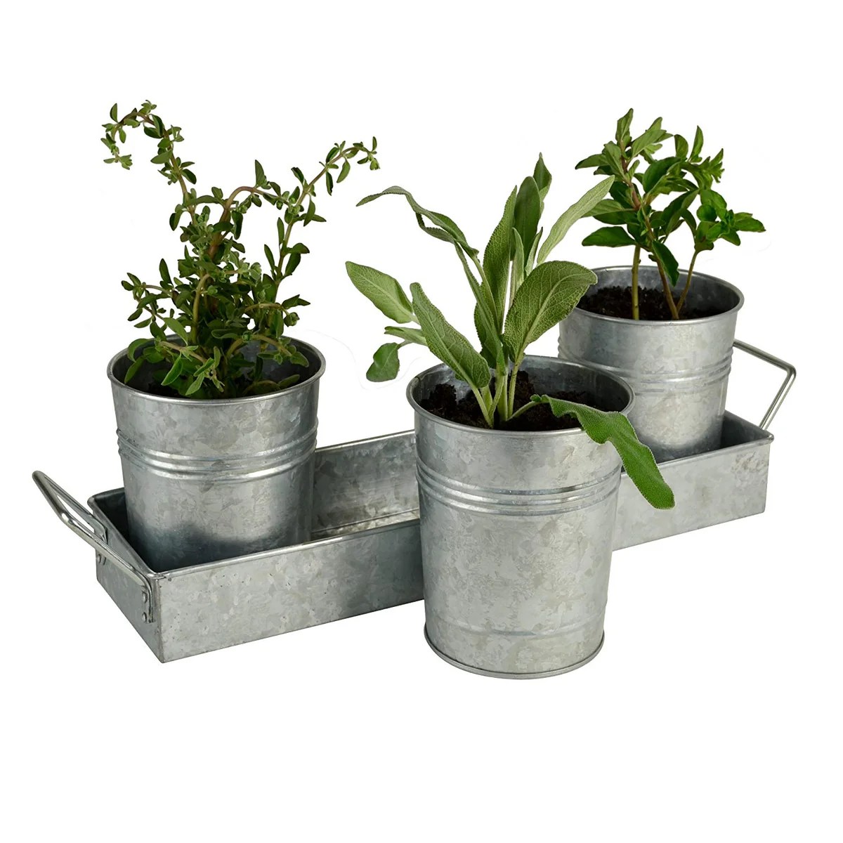 Galvanized Metal Planter Set with Tray - 3 Round Pots, Indoor/Outdoor, Gray, 17" Tray