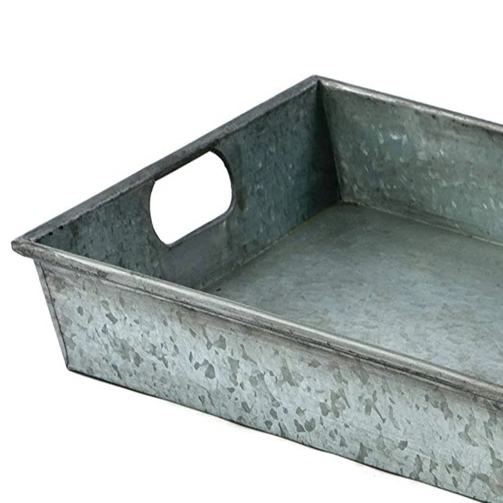 Galvanized Metal Serving Tray, Square Gray Tray with Handles, Industrial Farmhouse Decor, 15x15 inch Metal Tray for Kitchen & Dining