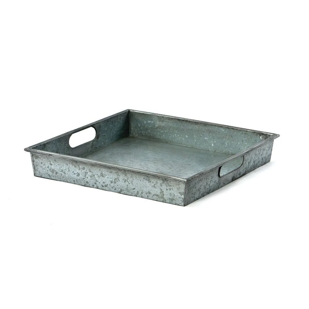 Galvanized Metal Serving Tray, Square Gray Tray with Handles, Industrial Farmhouse Decor, 15x15 inch Metal Tray for Kitchen & Dining