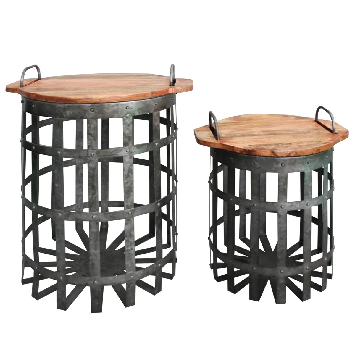 Industrial Galvanized Steel & Wood End Tables with Handles, Gray & Brown, Set of 2