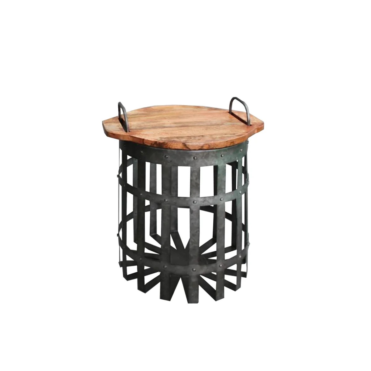 Industrial Galvanized Steel & Wood End Tables with Handles, Gray & Brown, Set of 2
