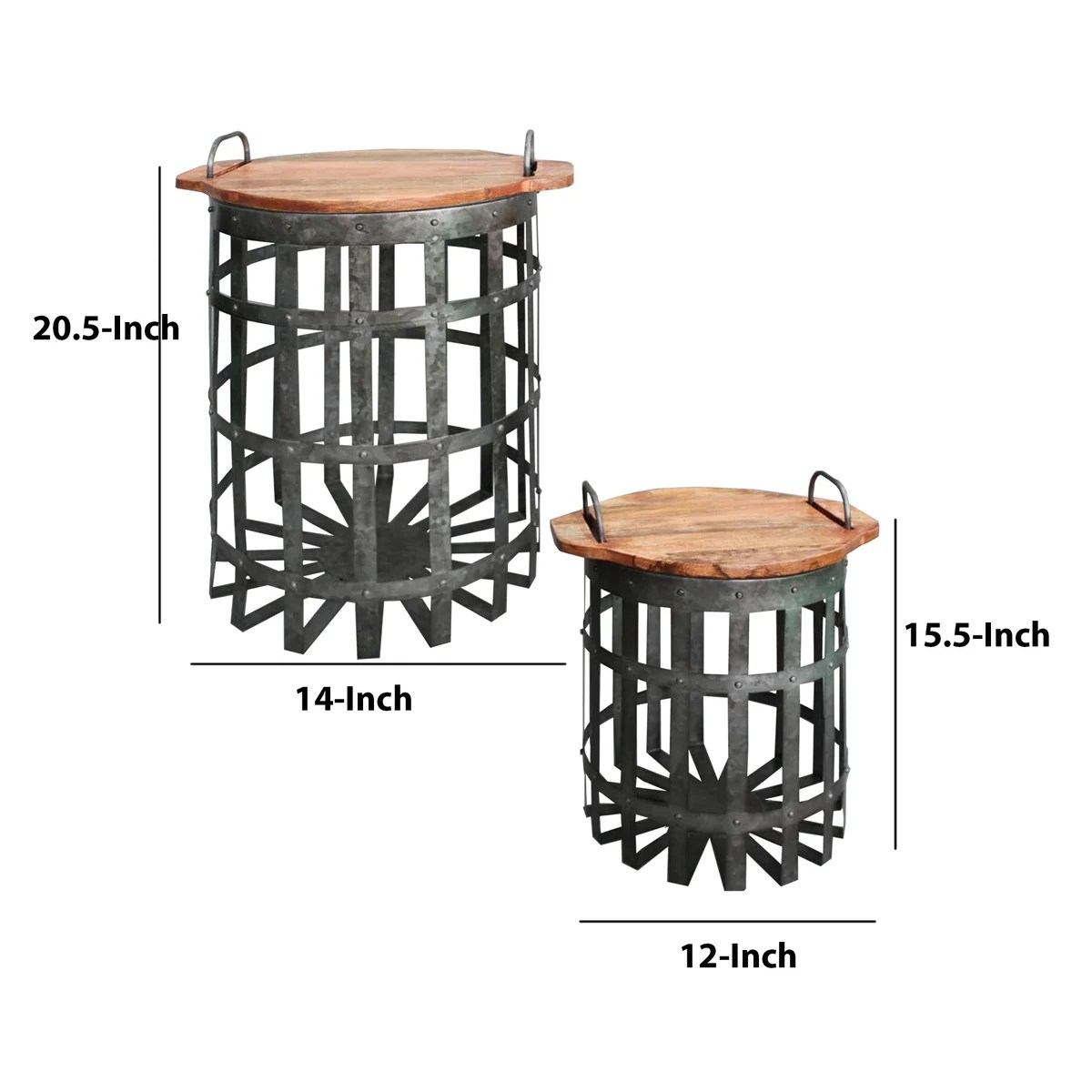 Industrial Galvanized Steel & Wood End Tables with Handles, Gray & Brown, Set of 2