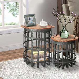 Industrial Galvanized Steel & Wood End Tables with Handles, Gray & Brown, Set of 2