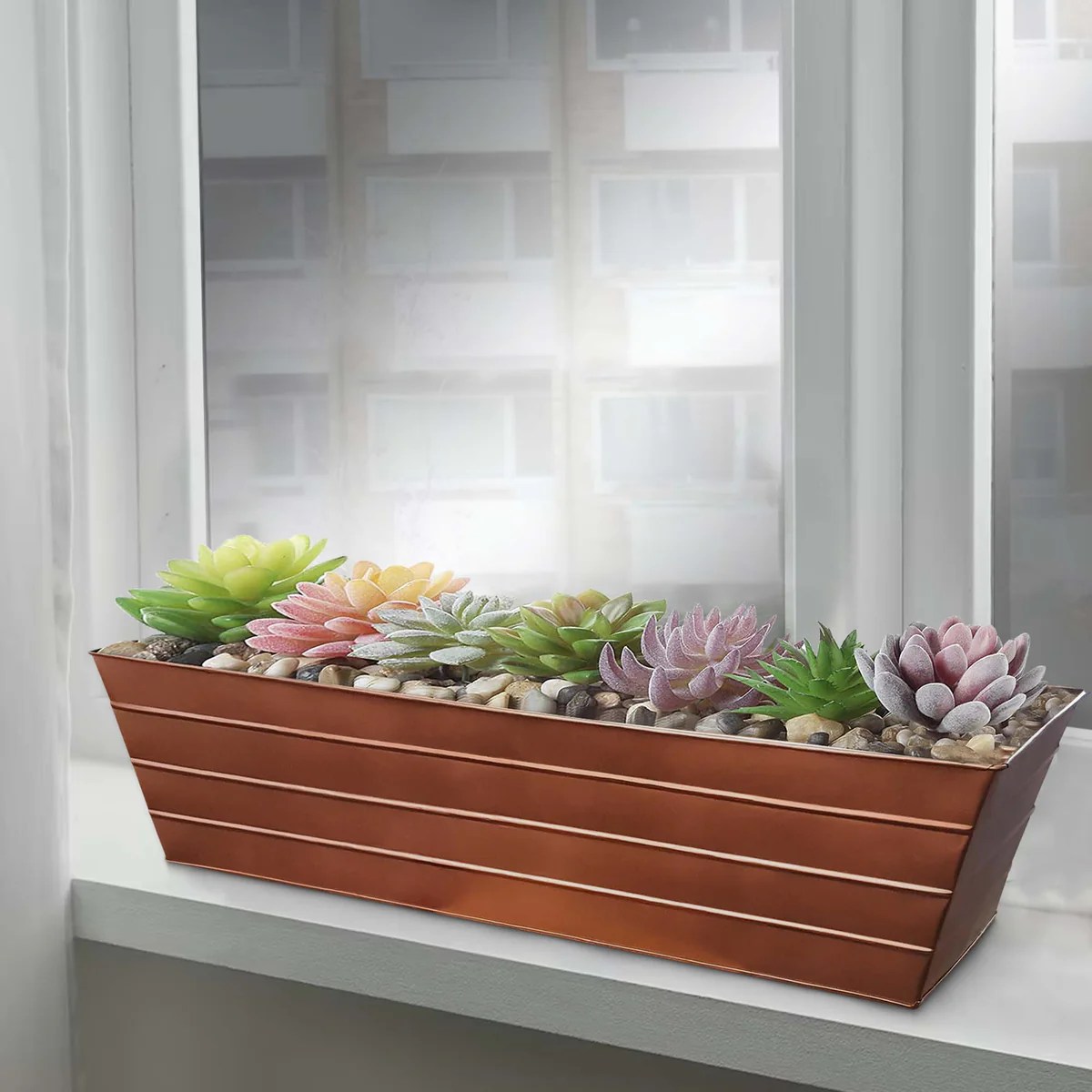 Large Copper Metal Planter Box with Embossed Design - Galvanized Steel, Rectangular, Drainage Holes, Indoor/Outdoor