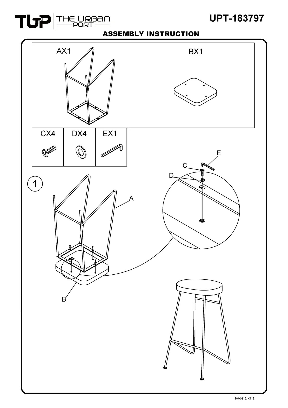 UPT-183797-assembly-instructions 28" Mango Wood Bar Stool with Iron Legs, Brown & Black Saddle Seat, Counter Height, Kitchen & Dining