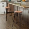 28" Mango Wood Bar Stool with Iron Legs, Brown & Black Saddle Seat, Counter Height, Kitchen & Dining