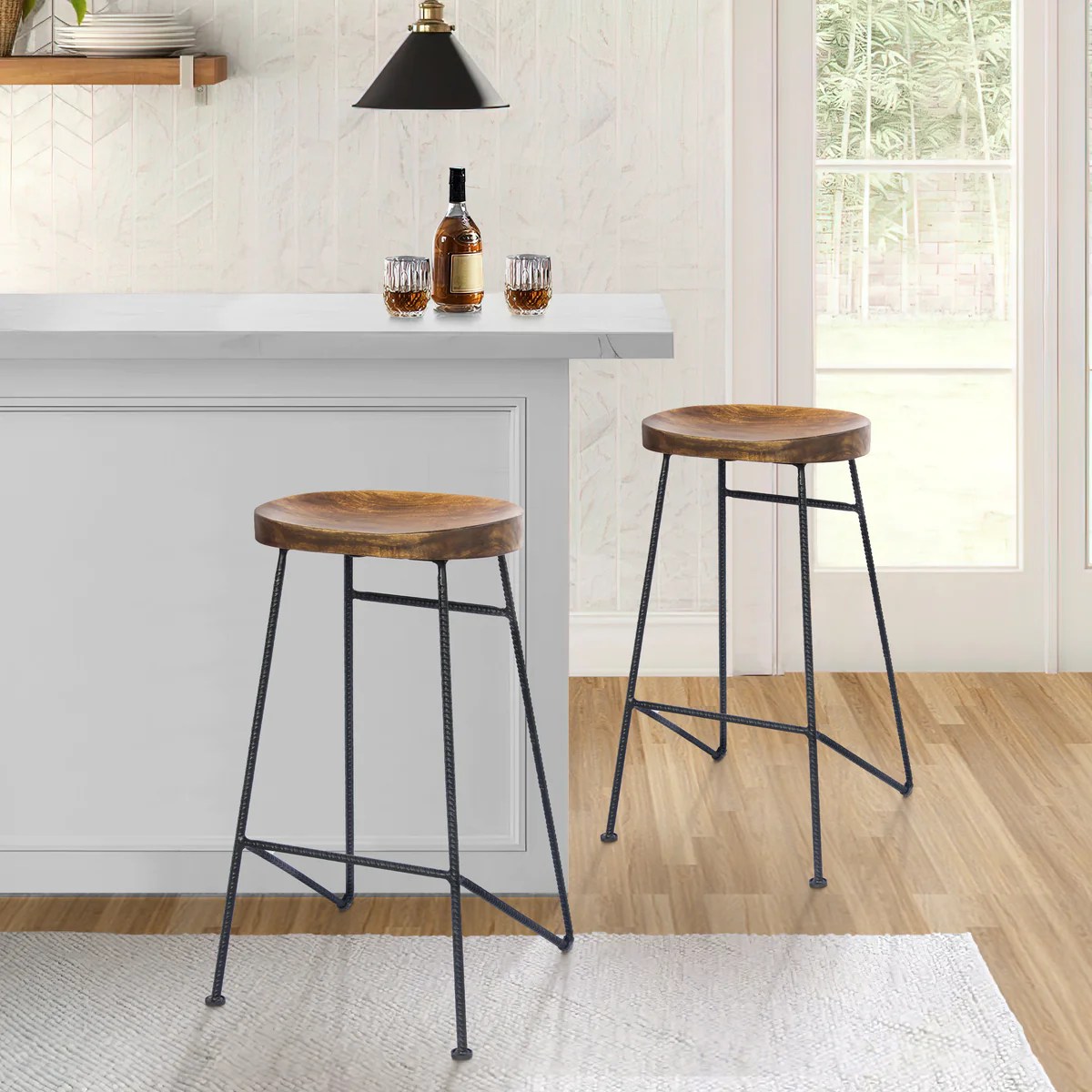 28" Mango Wood Bar Stool with Iron Legs, Brown & Black Saddle Seat, Counter Height, Kitchen & Dining