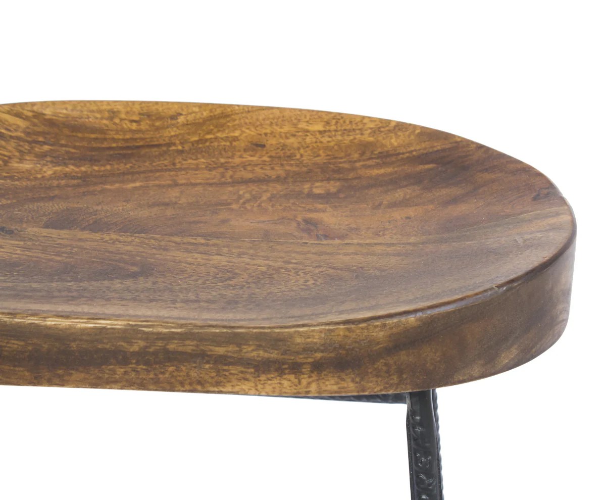 28" Mango Wood Bar Stool with Iron Legs, Brown & Black Saddle Seat, Counter Height, Kitchen & Dining
