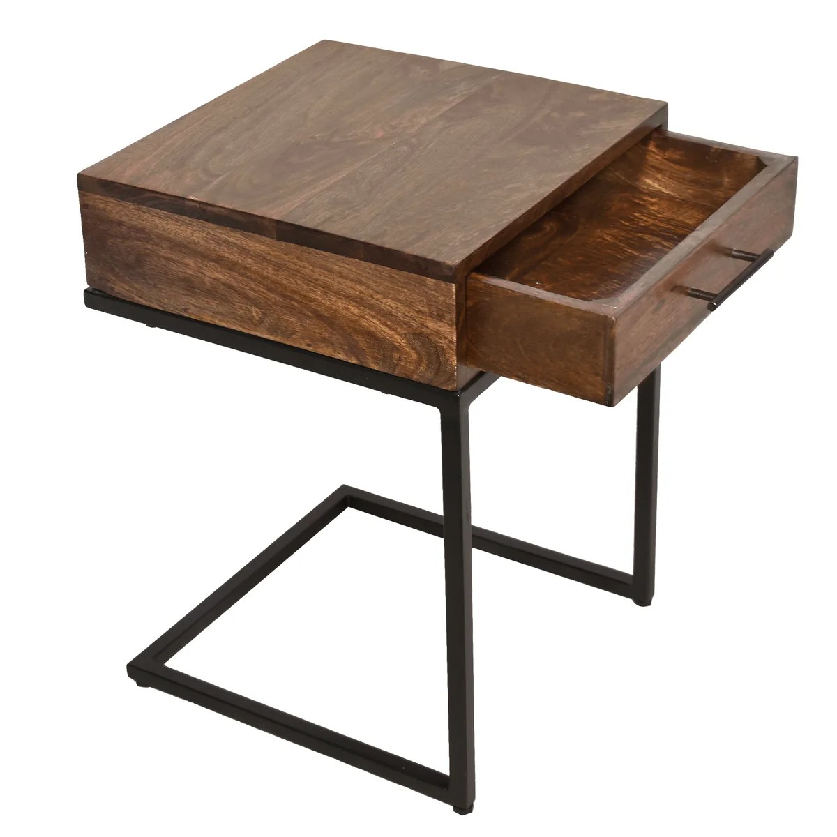 Mango Wood Side Table with Drawer & Iron Cantilever Base - Brown/Black End Table, Sofa Side Table, Living Room Furniture