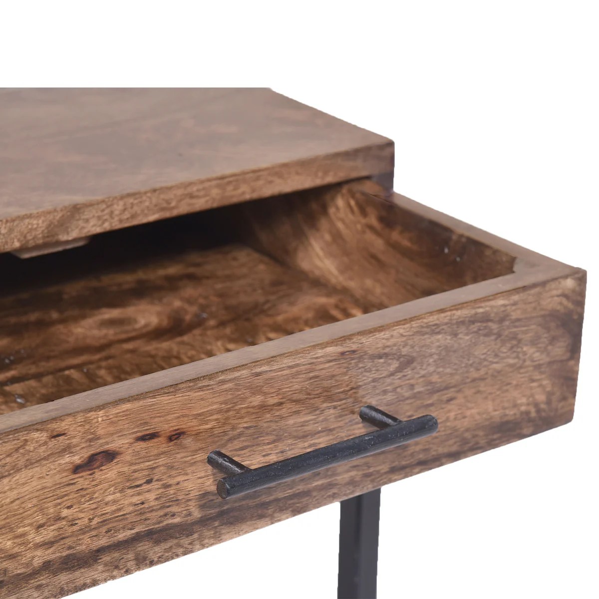 Mango Wood Side Table with Drawer & Iron Cantilever Base - Brown/Black End Table, Sofa Side Table, Living Room Furniture