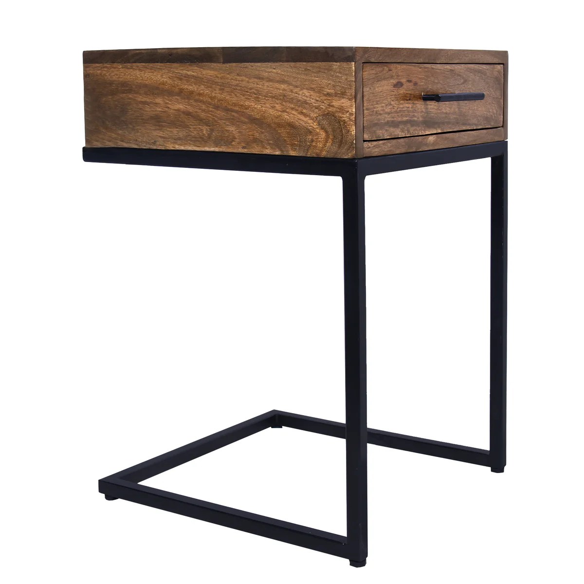 Mango Wood Side Table with Drawer & Iron Cantilever Base - Brown/Black End Table, Sofa Side Table, Living Room Furniture