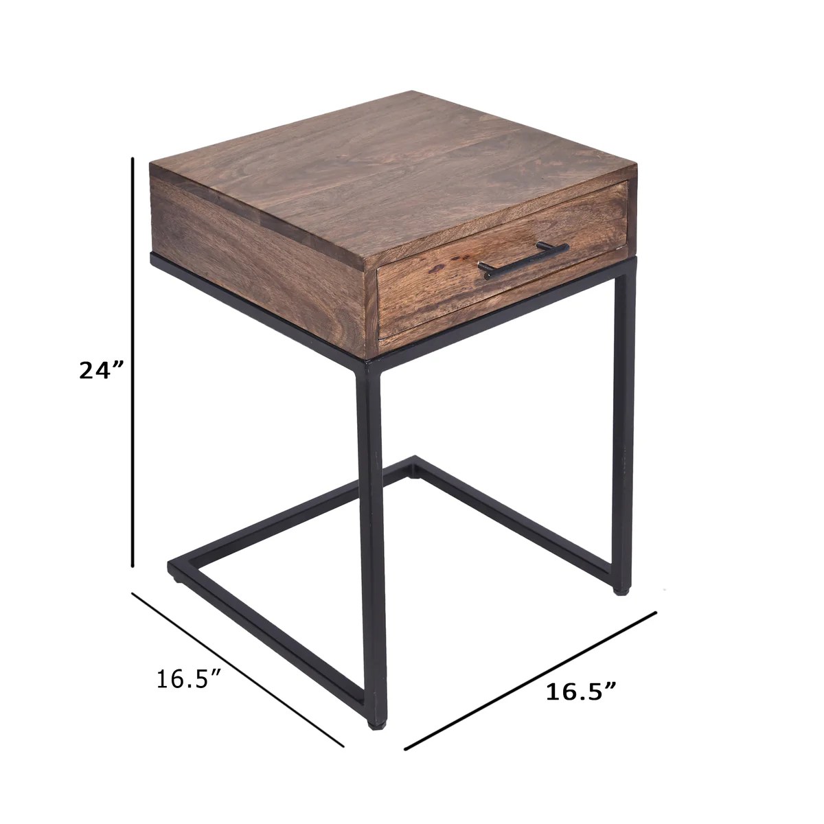 Mango Wood Side Table with Drawer & Iron Cantilever Base - Brown/Black End Table, Sofa Side Table, Living Room Furniture