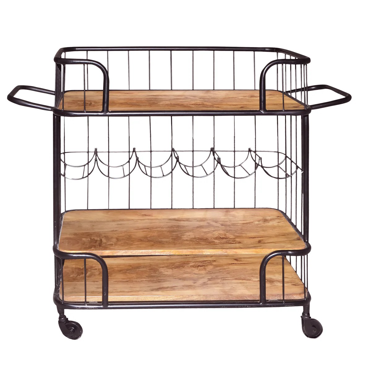 Industrial Bar Cart, Wooden Top, Metal Frame, 6 Bottle Rack