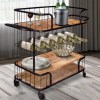 Industrial Bar Cart, Wooden Top, Metal Frame, 6 Bottle Rack
