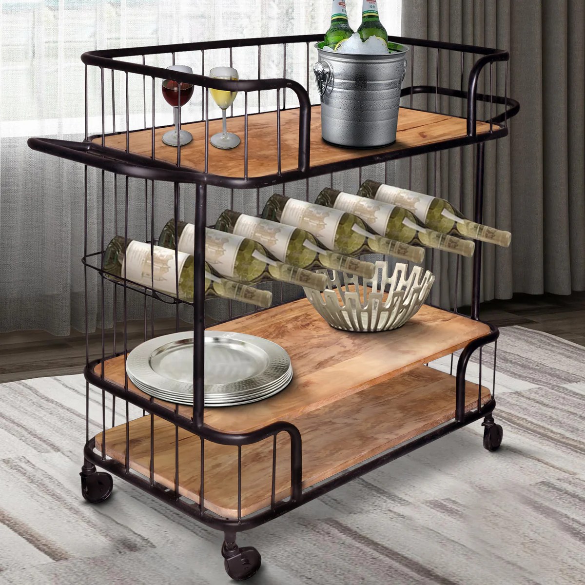 Industrial Bar Cart, Wooden Top, Metal Frame, 6 Bottle Rack