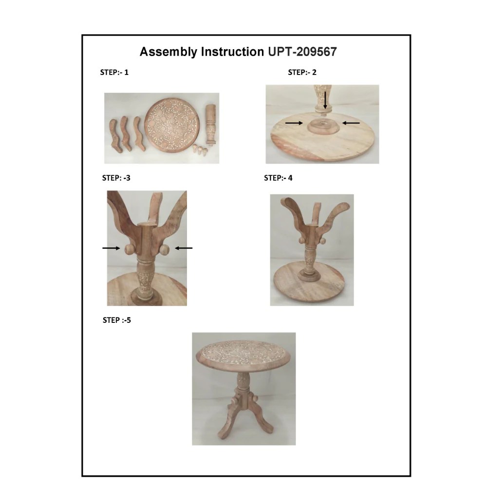 UPT-209567-Assembly-Instructions Intricately Carved Mango Wood Round End Table, Pedestal Base, Brown & White, 18"