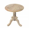 Intricately Carved Mango Wood Round End Table, Pedestal Base, Brown & White, 18"