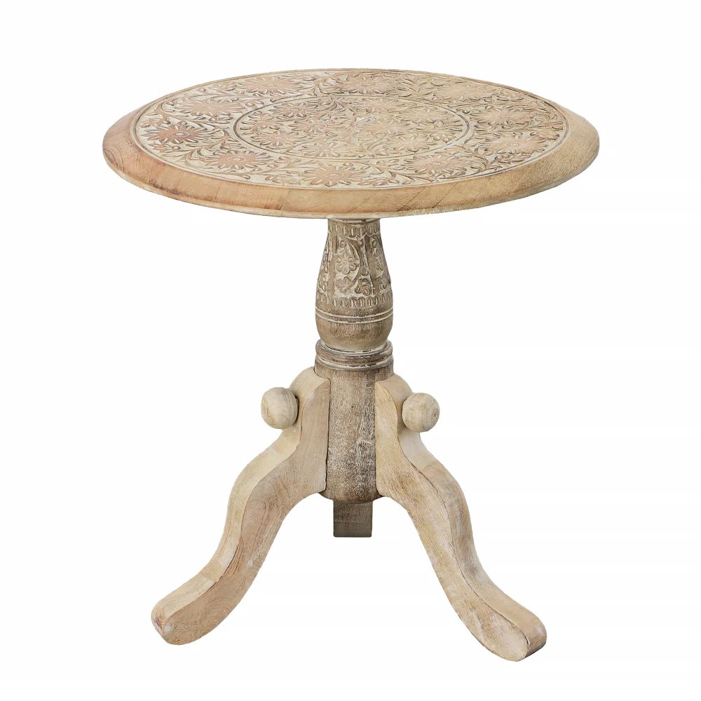 Intricately Carved Mango Wood Round End Table, Pedestal Base, Brown & White, 18"