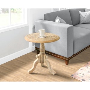 Intricately Carved Mango Wood Round End Table, Pedestal Base, Brown & White, 18"