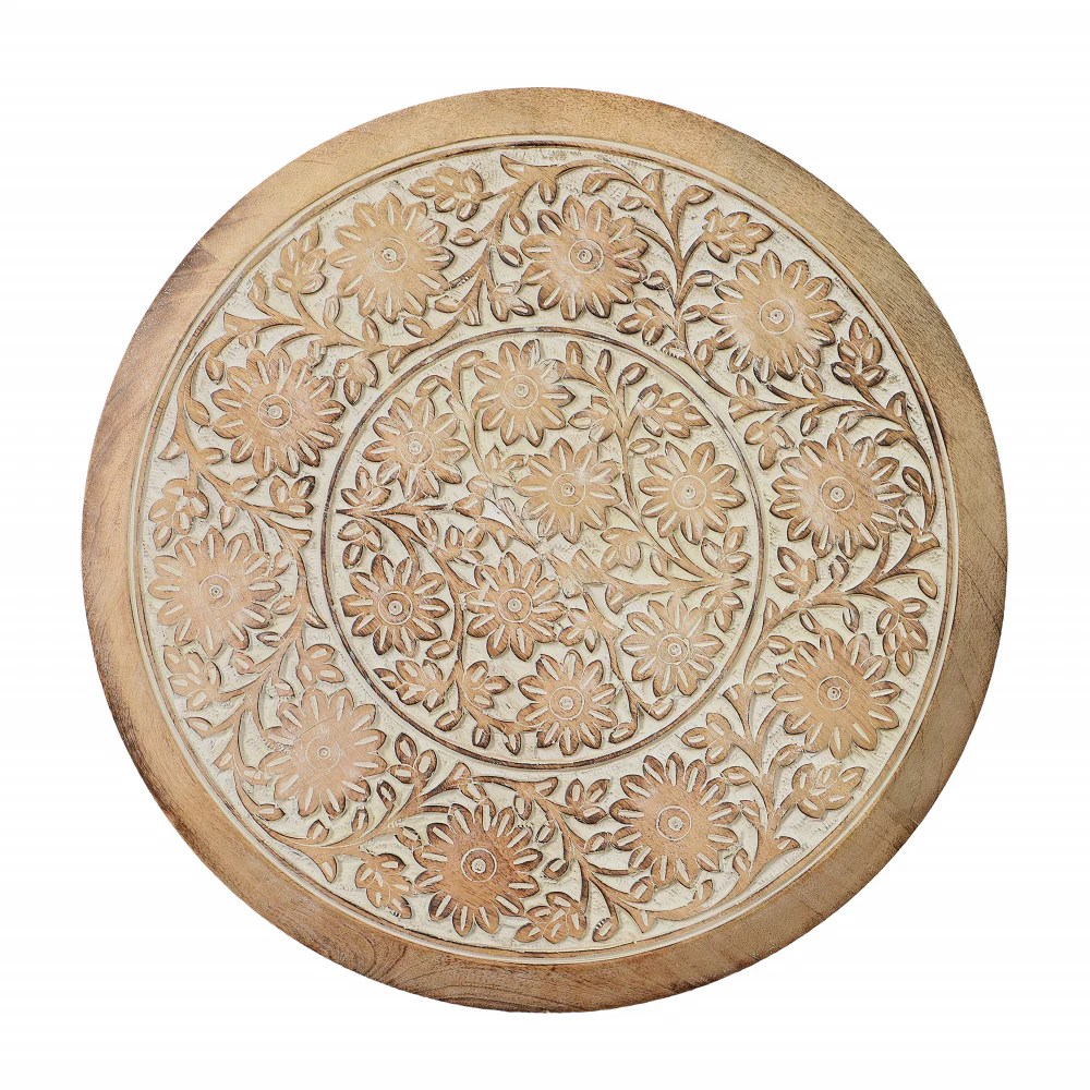 Intricately Carved Mango Wood Round End Table, Pedestal Base, Brown & White, 18"