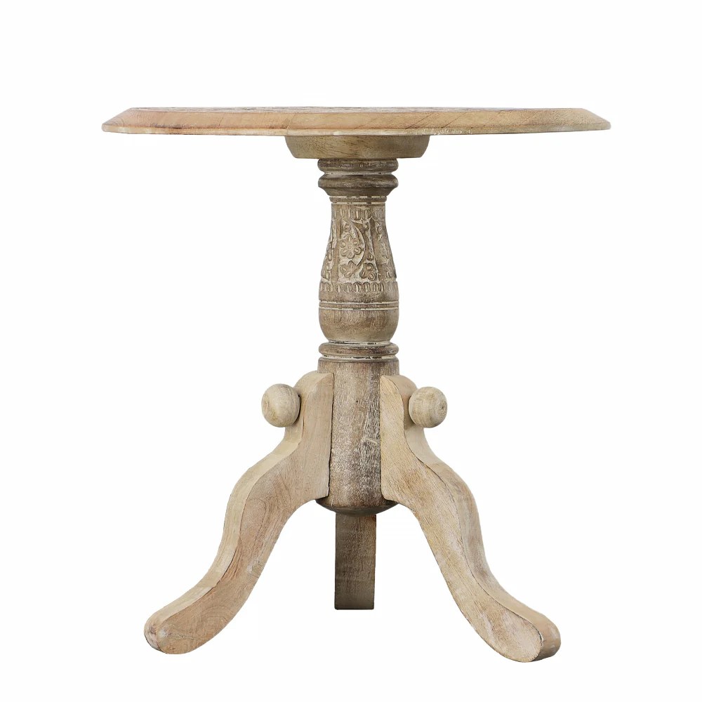 Intricately Carved Mango Wood Round End Table, Pedestal Base, Brown & White, 18"