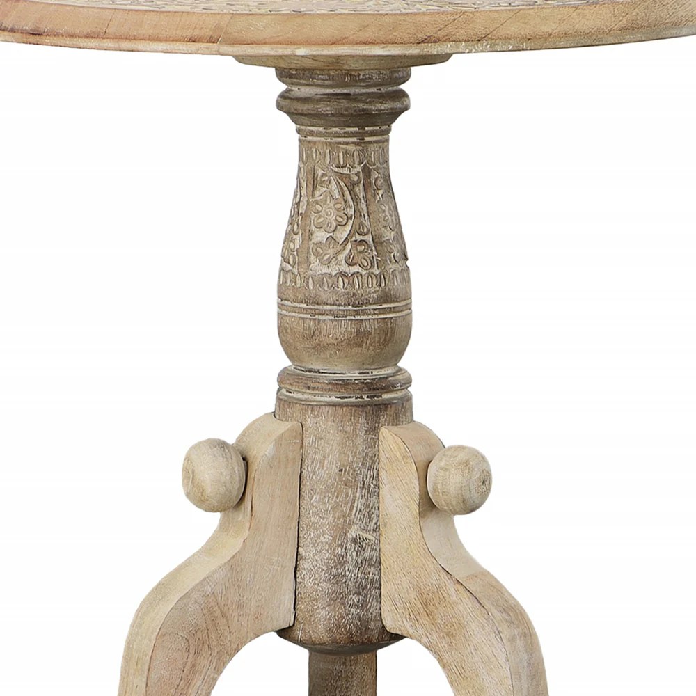 Intricately Carved Mango Wood Round End Table, Pedestal Base, Brown & White, 18"