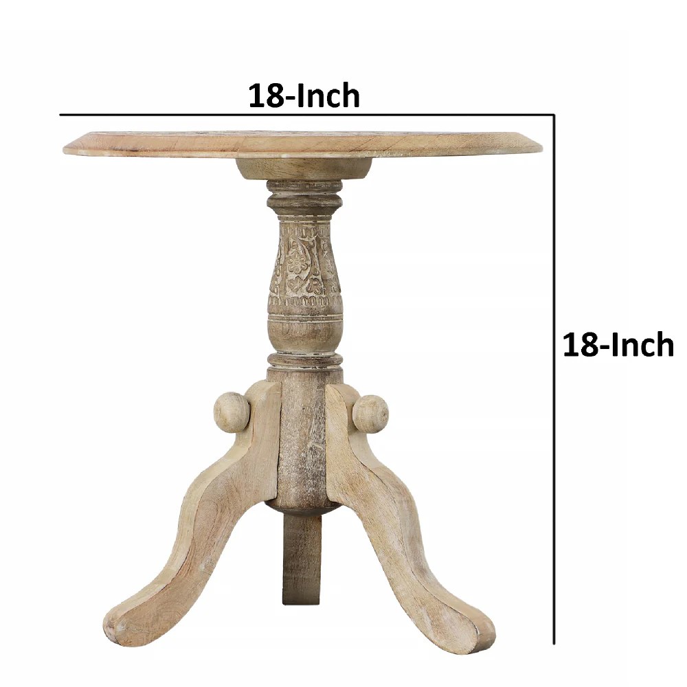 Intricately Carved Mango Wood Round End Table, Pedestal Base, Brown & White, 18"