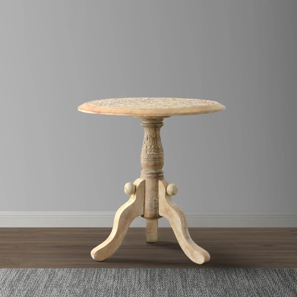 Intricately Carved Mango Wood Round End Table, Pedestal Base, Brown & White, 18"
