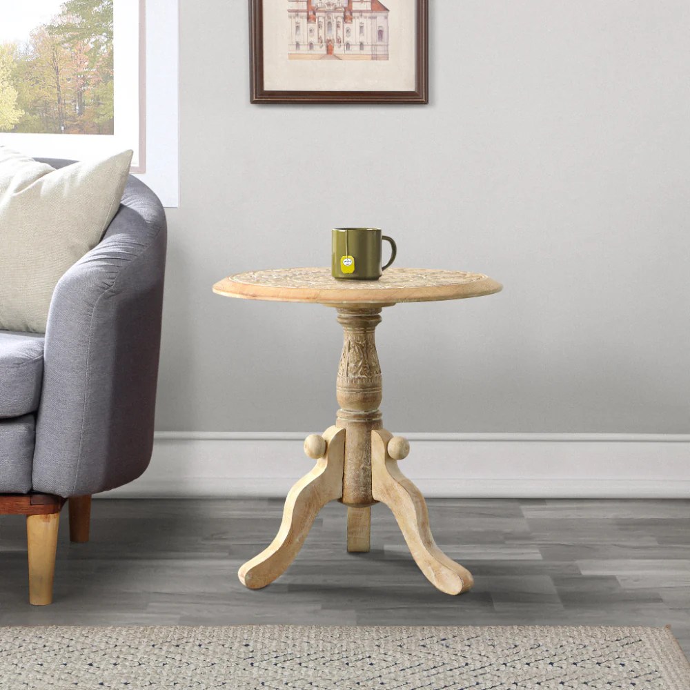 Intricately Carved Mango Wood Round End Table, Pedestal Base, Brown & White, 18"