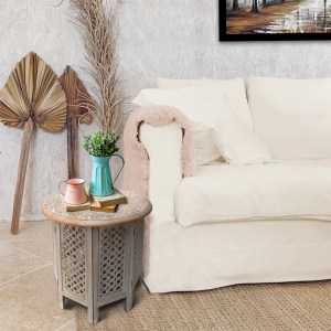 Hand Carved Mango Wood Octagonal Folding Table - Antique White & Brown - Round Top - Mesh Cutout Design