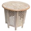 Hand Carved Mango Wood Octagonal Folding Table - Antique White & Brown - Round Top - Mesh Cutout Design